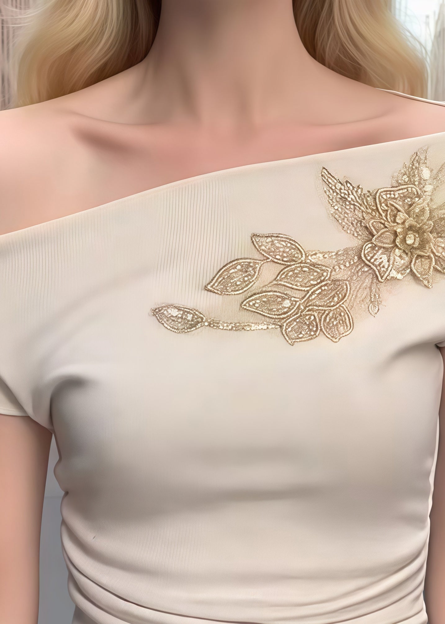 Sexy Beige Embroideried Cotton One Shoulder Tops Summer