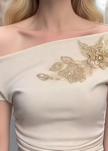 Sexy Beige Embroideried Cotton One Shoulder Tops Summer