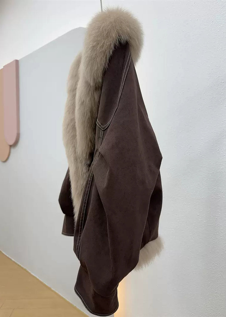 Coffee Button Pockets Solid Fine Cotton Fur Collar