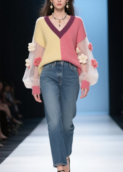 French Colorblock V Neck Tulle Floral Patchwork Knit Sweaters Fall