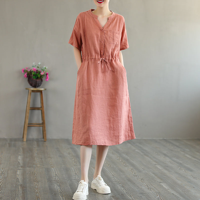 Summer Linen Short Sleeve Loose V-Neck Lacing Dress