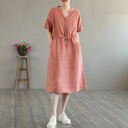 Summer Linen Short Sleeve Loose V-Neck Lacing Dress