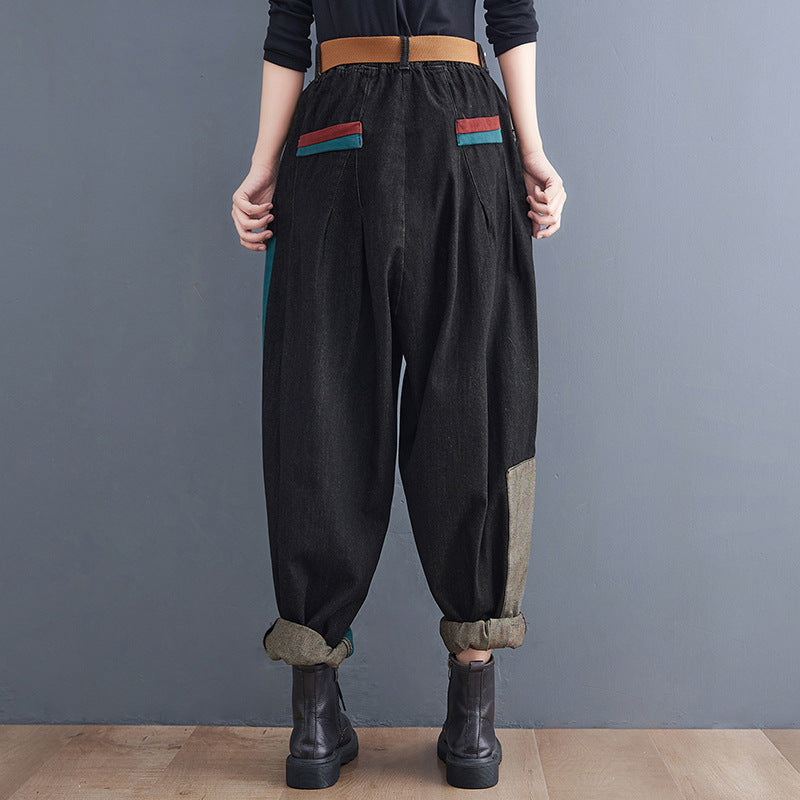 New Literary Plus Size Stitching Denim Harem Pants
