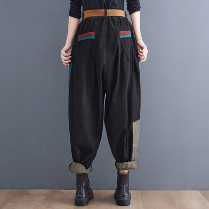 New Literary Plus Size Stitching Denim Harem Pants