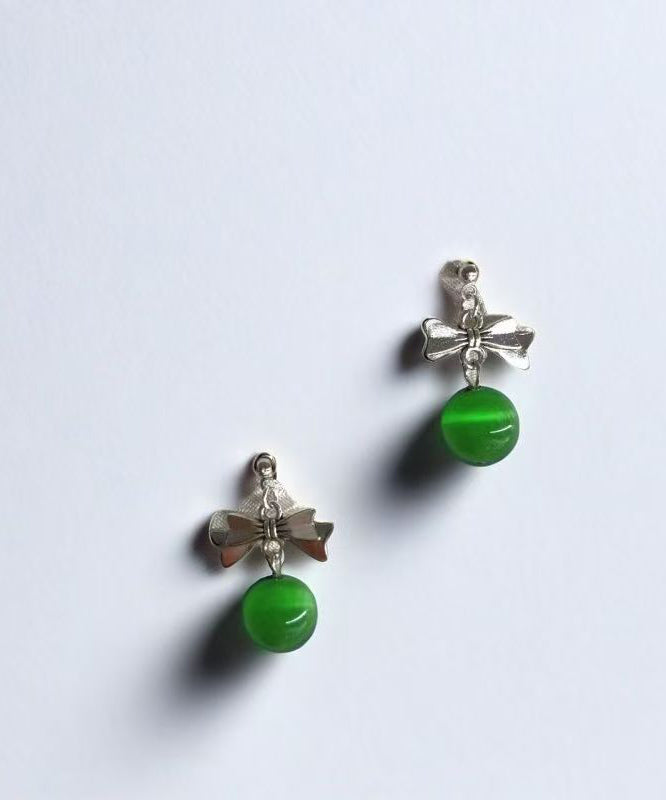 Women Green Copper Alloy Cat's Eye Stone Bow Drop Earrings