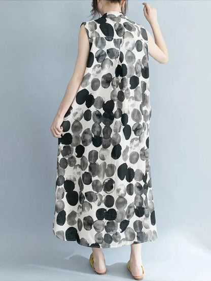 Women black dotted Cotton quilting clothes turn-down collar sleeveless Dresses