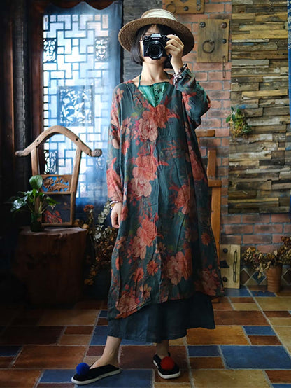 Women Vintage Floral Print V-Neck Loose Dress