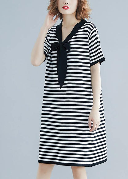 Beautiful Black White Narrow Striped Short Sleeve Summer Cotton Dress