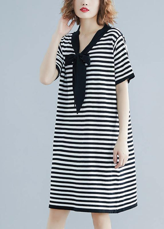 Beautiful Black White Narrow Striped Short Sleeve Summer Cotton Dress