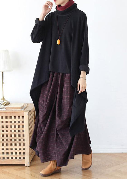 Women black knit blouse asymmetric hem oversize high neck knit tops