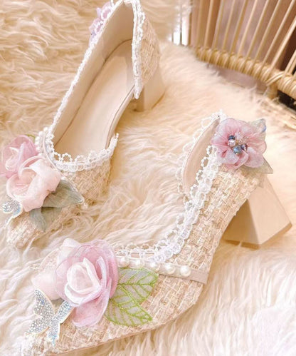 2025 New Pink Flower Nail Bead Pointed Toe Coarse Heels