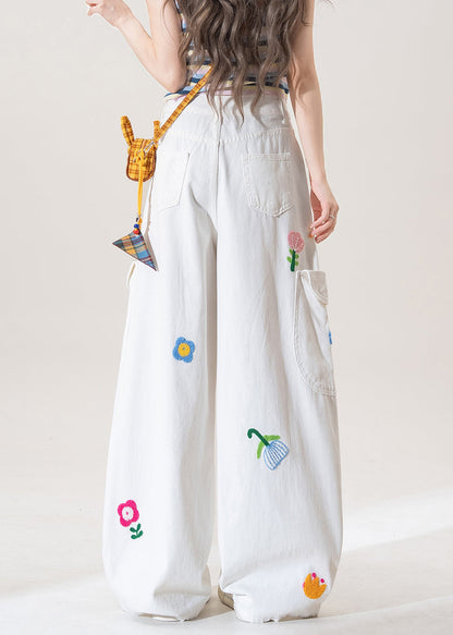 White Button Pockets High Waist Denim Pants Floral