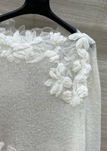 Stylish White O-Neck Floral Knit Shirt Tops Fall