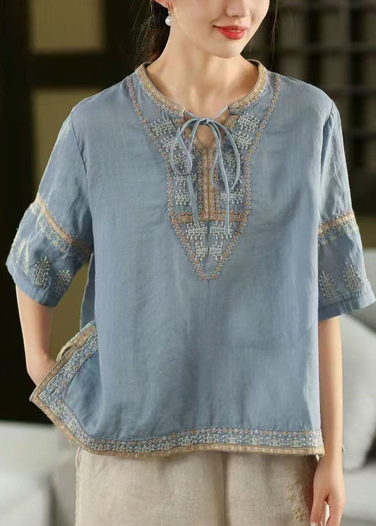 Stylish Blue Embroidered Side Open Linen Top Half Sleeve