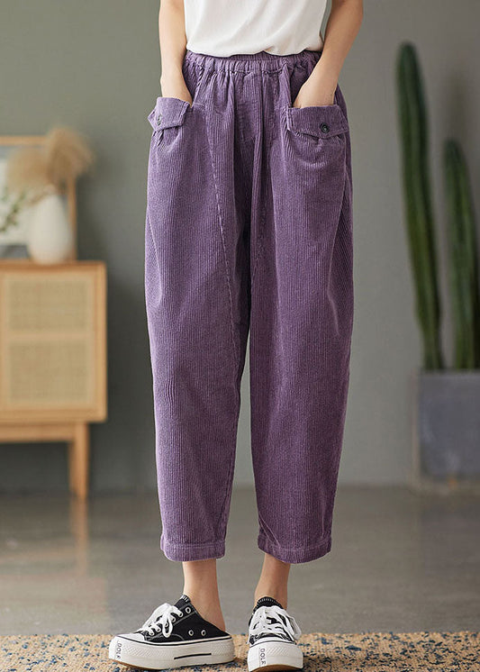 Plus Size Purple elastic waist Pockets Corduroy Pants