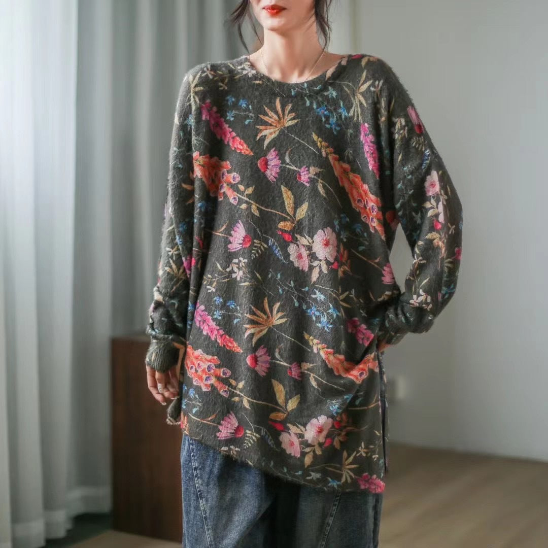 Retro Literary Casual Print Mid-Length Irregular Sweater