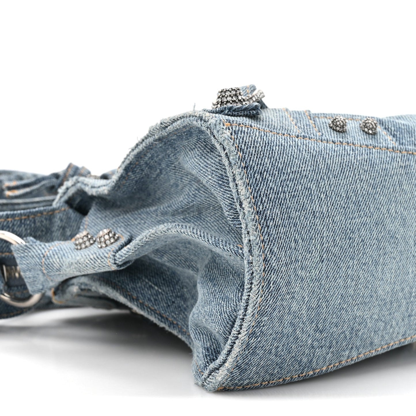 Washed Frayed Denim Crystal Neo Cagole Handbag XS Blue