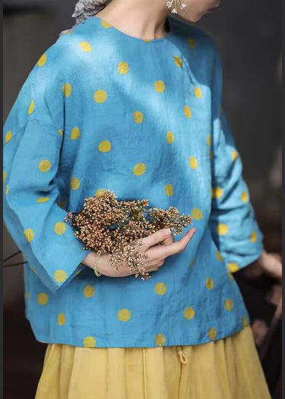 Plus Size Blue O Neck Button Dot Linen Shirt Fall