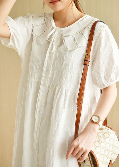 Beautiful White O-Neck Jacquard Summer Cotton Party Dresses Short Sleeve