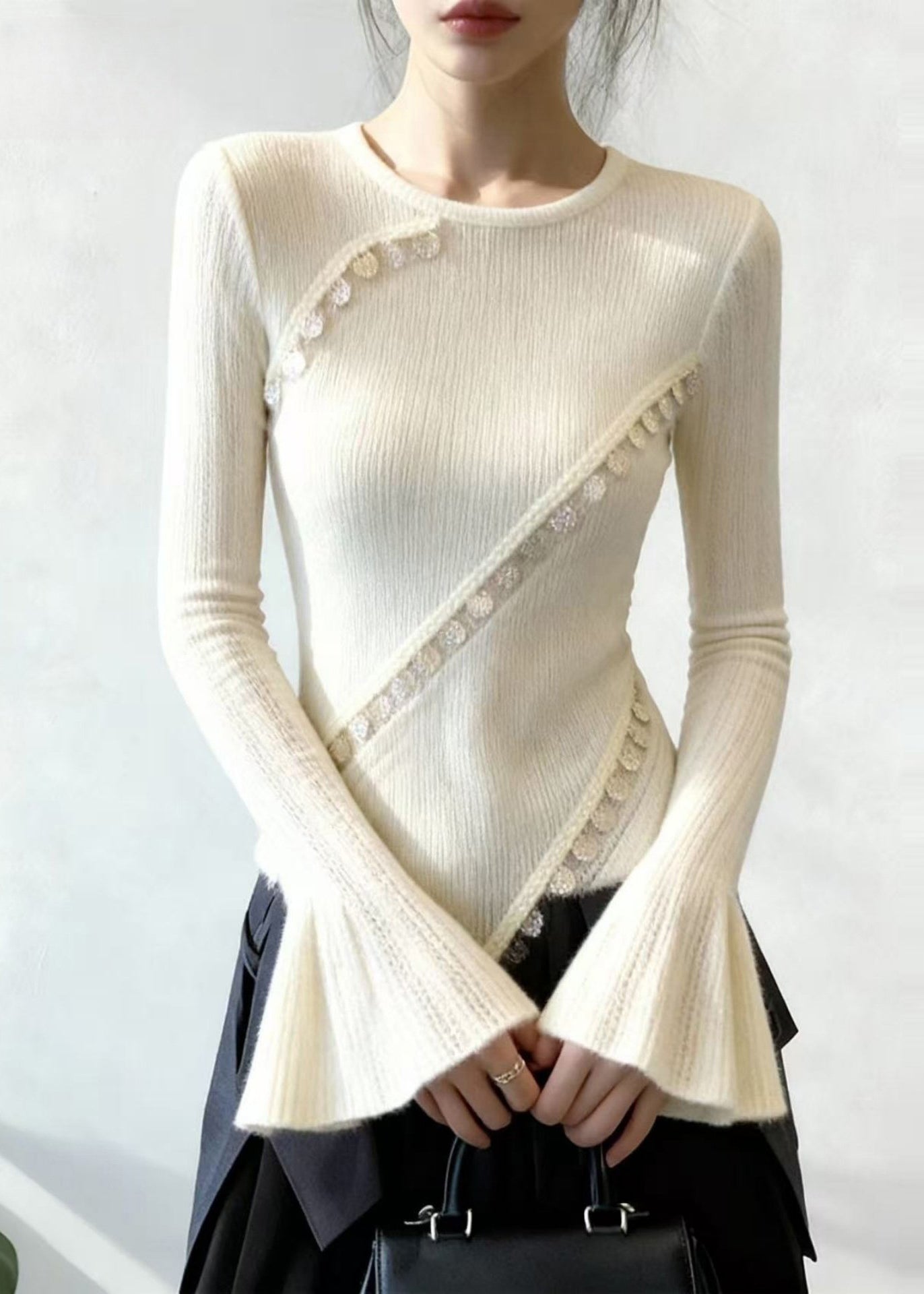 Silm Fit White Asymmetrical Patchwork Lace Knit Tops Flare Sleeve