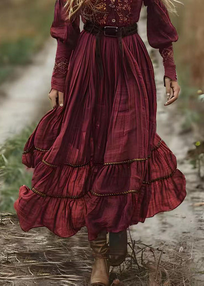 Boho Mulberry V Neck Print Wrinkled Cotton Robe Dresses Spring