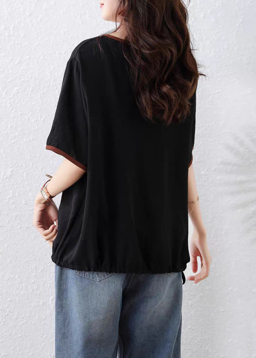 Women Black O Neck Print Lace Up Cotton T Shirt Summer