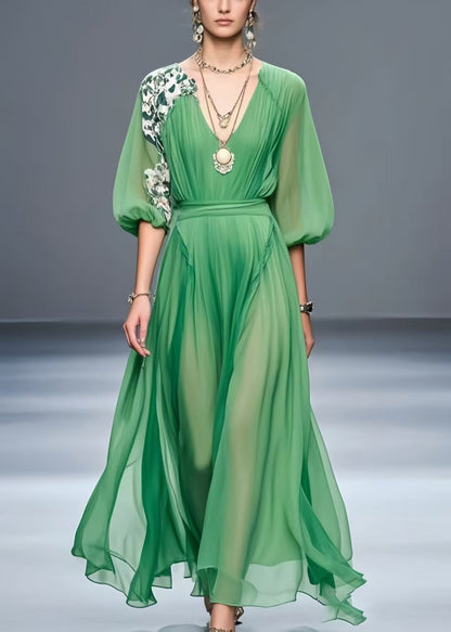 Green Patchwork Chiffon Robe Dresses Asymmetrical Summer