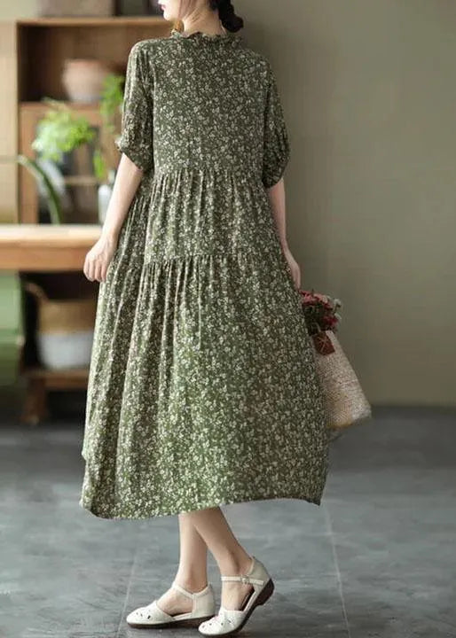 Green Cotton Linen Women Floral Pleated Breasted Short Sleeve Dress
