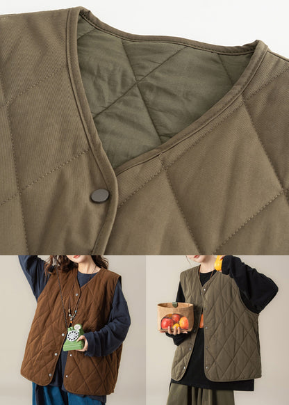 Vintage Coffee V Neck Button Solid Cotton Filled Two Pieces Set Sleeveless