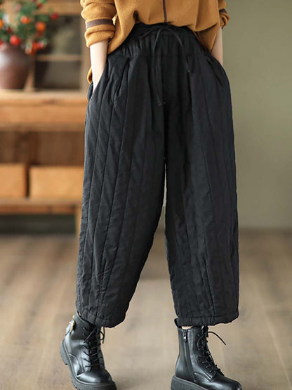 Women Striped Solid Pocket Elastic Waist Harm Pants