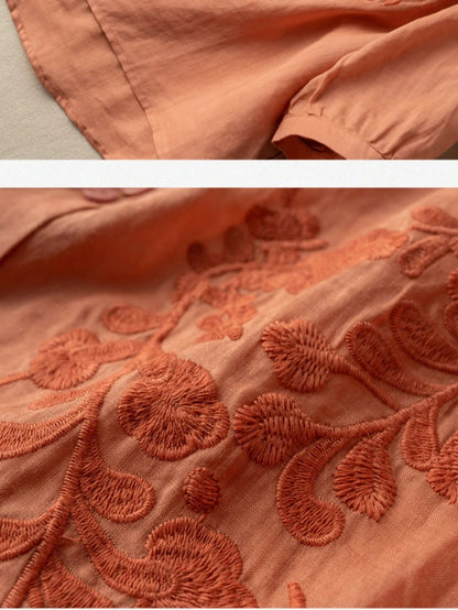 Embroidered 3/4 Sleeve Casual Linen Shirt Top