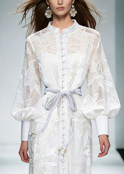 Elegant White Stand Collar Tie Waist Maxi Shirts Dresses Lantern Sleeve