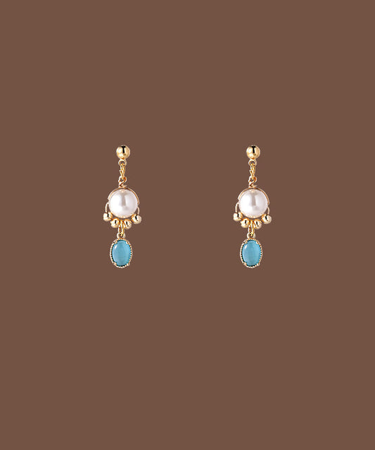 Original Gold Copper Alloy Cat Eye Stone Pearl Tassel Drop Earrings