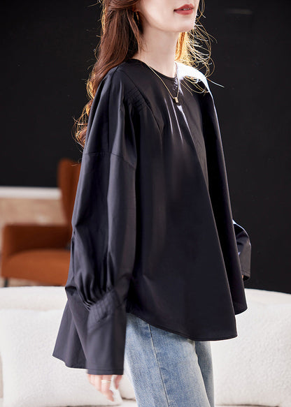 Loose Black Patchwork Low High Design Cotton Top Spring