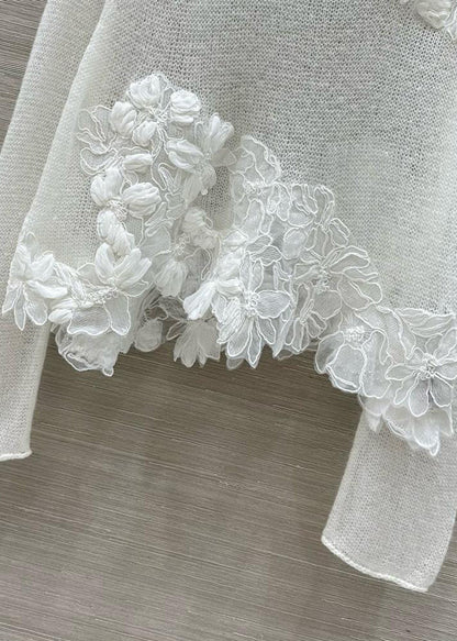 Stylish White O-Neck Floral Knit Shirt Tops Fall