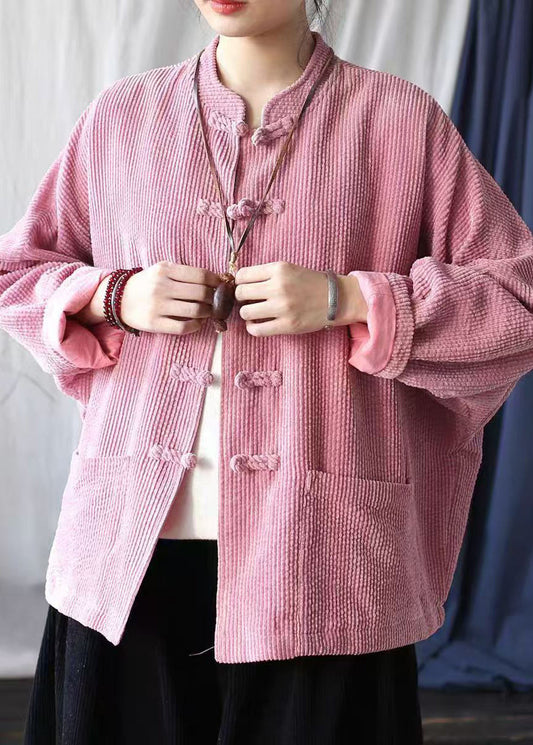 Plus Size Vintage Pink Stand Collar Pockets Corduroy Jackets Spring