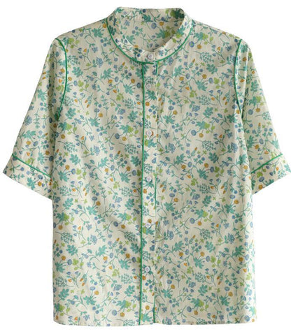 Plus Size Short Sleeve Green Print Cotton Blouses