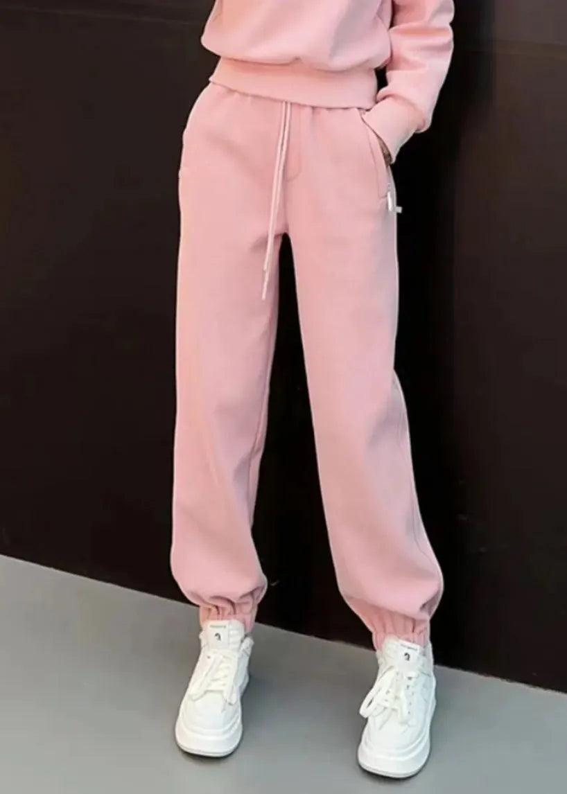 New Pink Hooded Zippered Tops And Beam Pants Cotton Two Pieces Set Spring