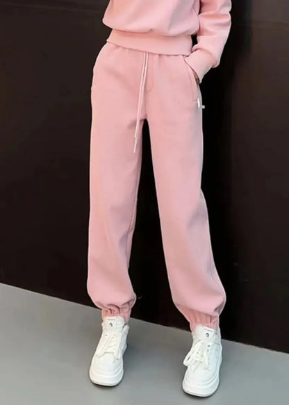 New Pink Hooded Zippered Tops And Beam Pants Cotton Two Pieces Set Spring