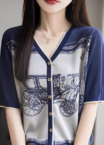 Handmade Blue V Neck Print Button Knit Tank Summer