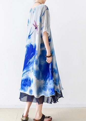 Bohemian o neck pockets chiffon Long Shirts Indian Sleeve blue print Dress Summer