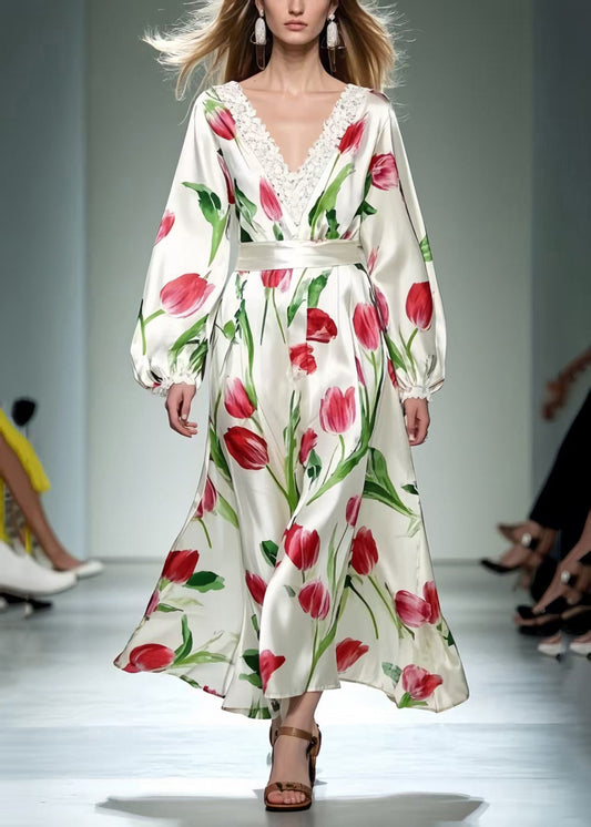Beautiful Red Floral Silk Dress Exra Large Hem Spring