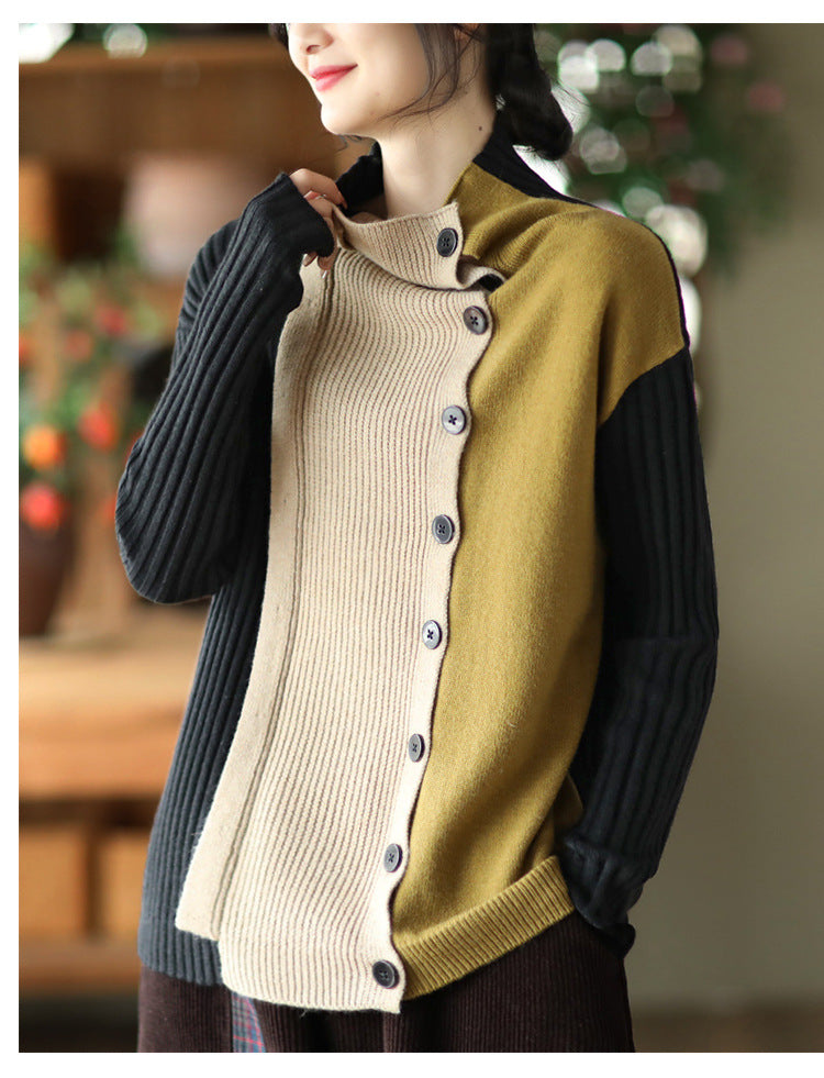 Color-Block Long-Sleeved Knitted Elastic Slim Sweater