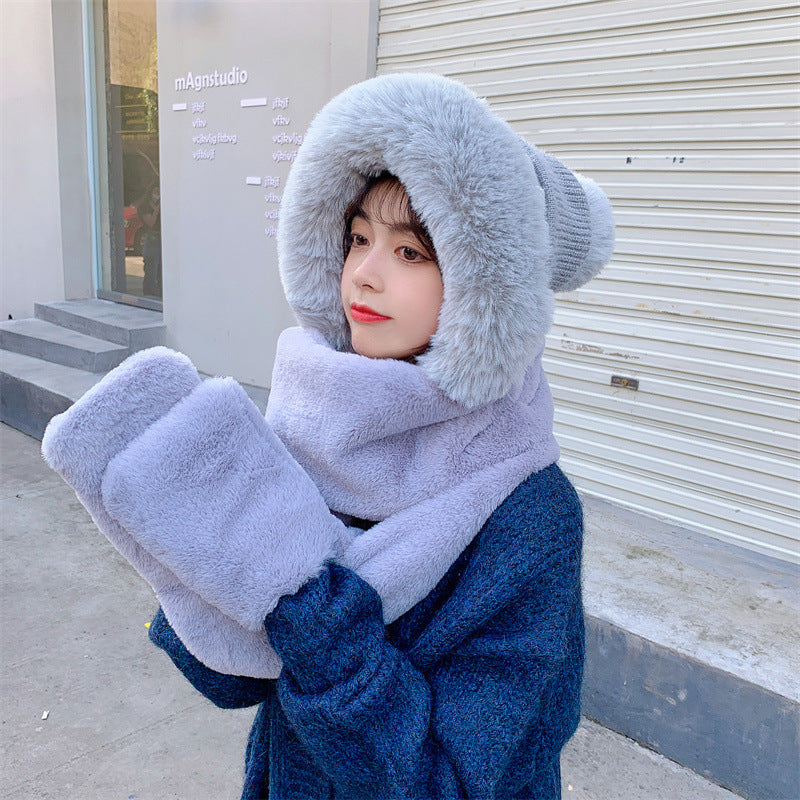 Women Winter Solid Plush Scarf Warm Hat