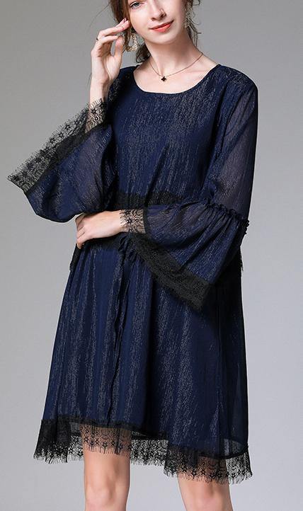 Casual Black Tie Waist Flare Sleeve Mini Summer Chiffon Dress