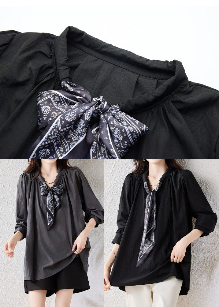 Casual Black Oversized Scarf Cotton Blouse Top Fall