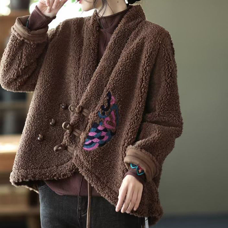 Ethnic Embroidered V-Neck Sherpa Wool Jacket