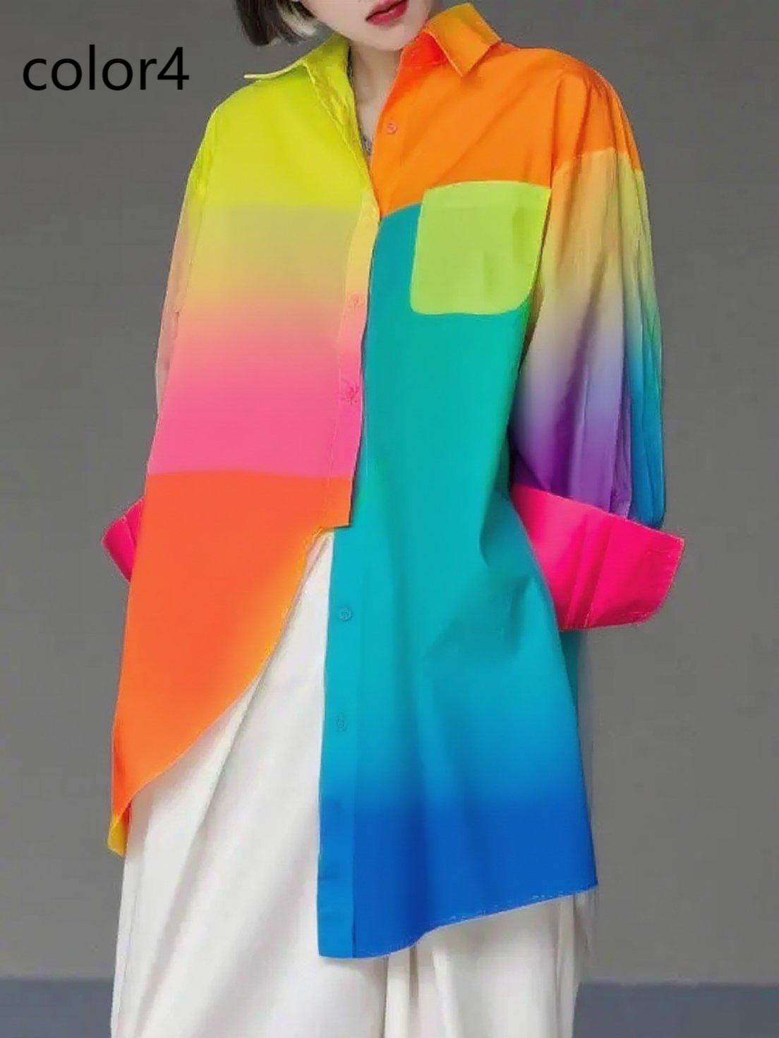 Unique Gradient Color4 Asymmetrical Design Side Open Cotton Long Shirts Spring