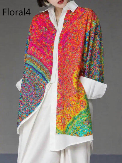 Unique Floral3 Asymmetrical Design Side Open Cotton Long Shirts Spring