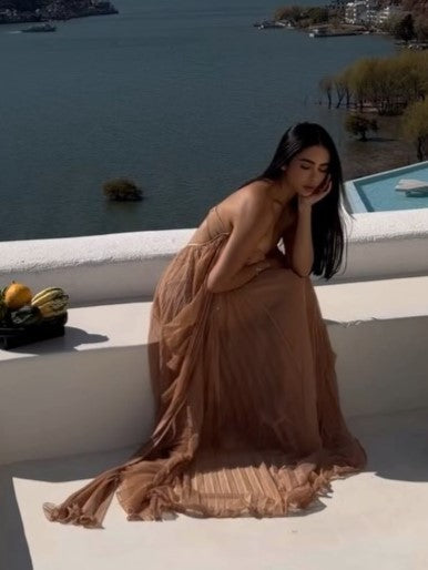 Nude Pleated Strapless Maxi Dress | Vacation Style Rose Decor Off-Shoulder Gown